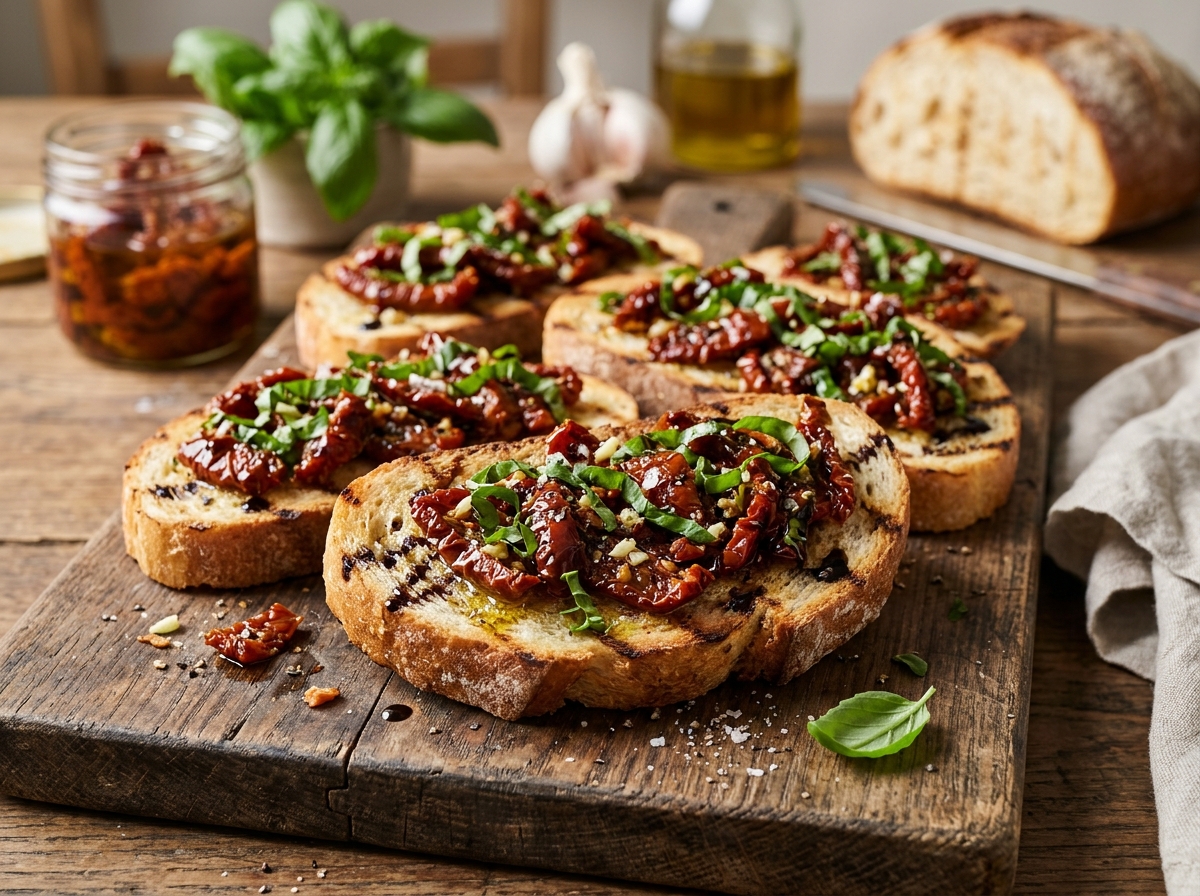Bruschetta de Tomate Seco e Manjericão